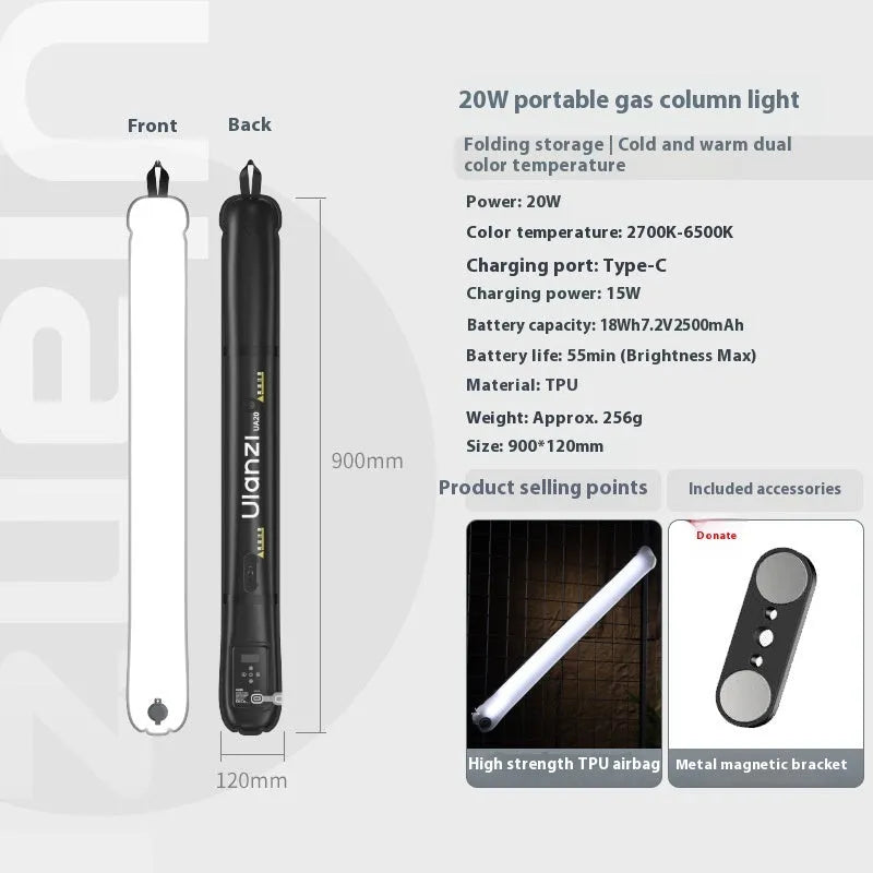 Ulanzi UA20 black inflatable stick light 20W on metal magnetic bracket for indoor photography