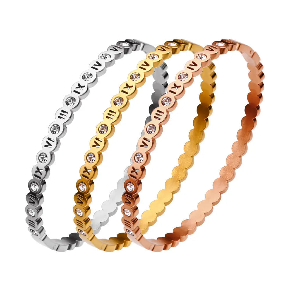 Korean style titanium steel bracelet with number design in electroplated gold, rose gold, or steel colour