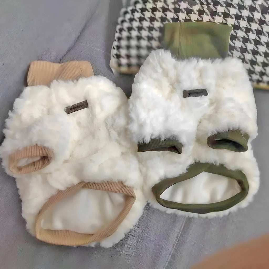 Creamy green turtleneck plush dog coat on small pet showing high collar design and cotton padding