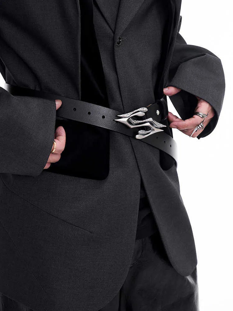 Black men's leather belt with metal letter detail, 110cm long.