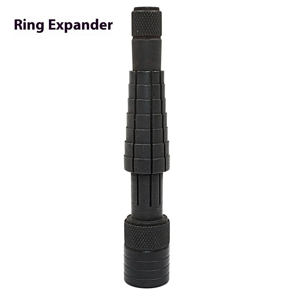Plastic ring expansion tool with rotating expander mechanism and rubber hammer for jewellery size adjustment