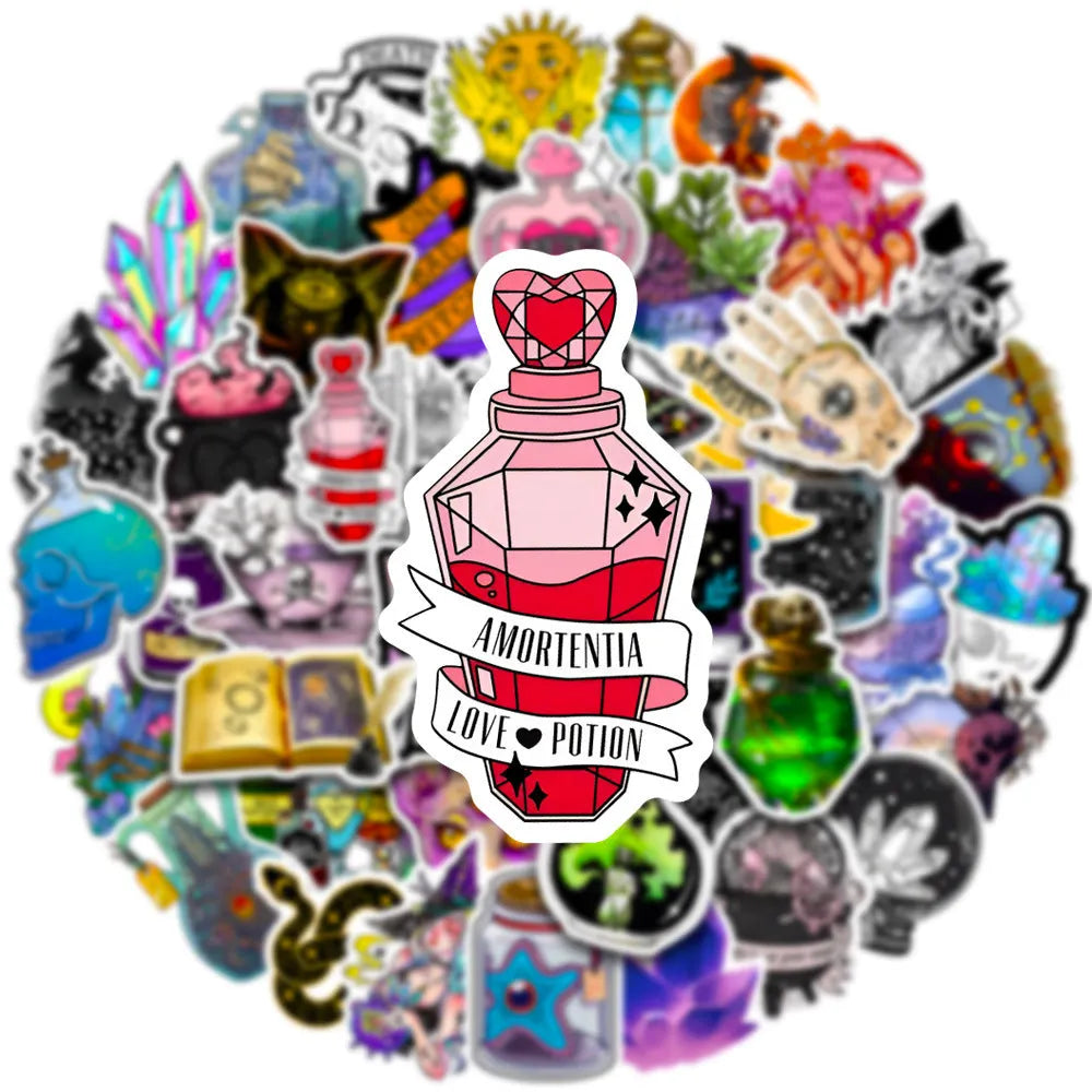 Pack of 50 colourful waterproof PVC stickers for luggage and scooter personalisation.