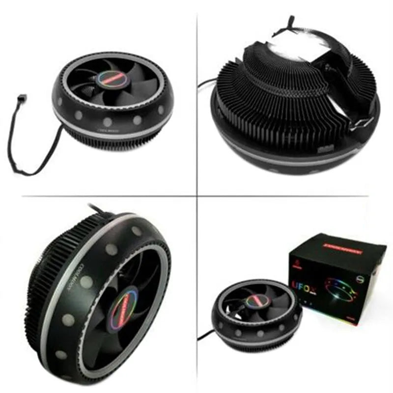 Black CPU heat sink with aluminium fins and colour changing fan for desktop PC cooling