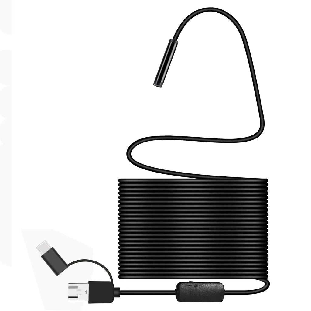 Black three-in-one Android phone endoscope with 5.5 mm probe and type-C Micro USB connectors
