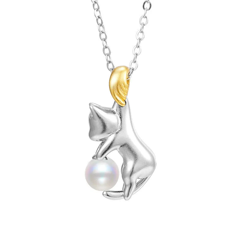 925 sterling silver clavicle chain necklace with cat charm pendant and electroplated finish