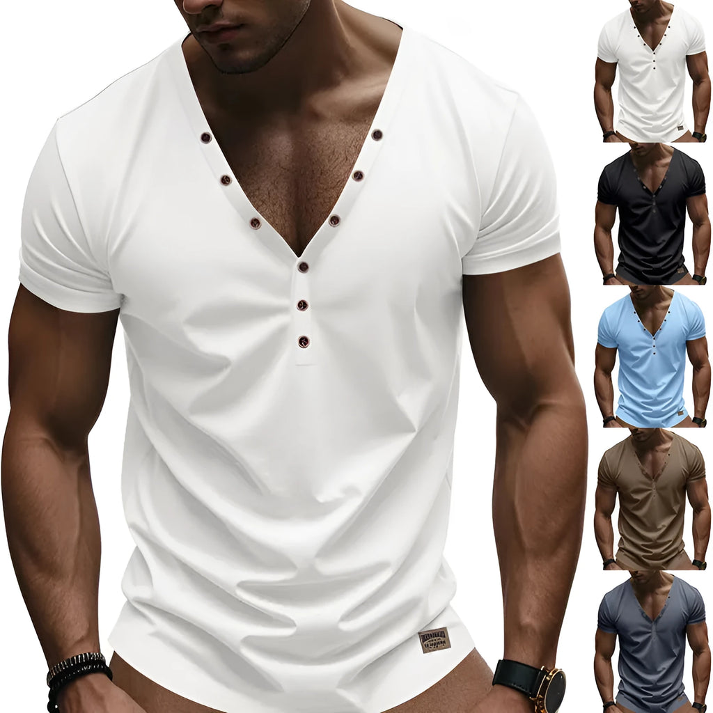 Men's loose fitting solid colour V-neck pullover top with button detail on the collar.