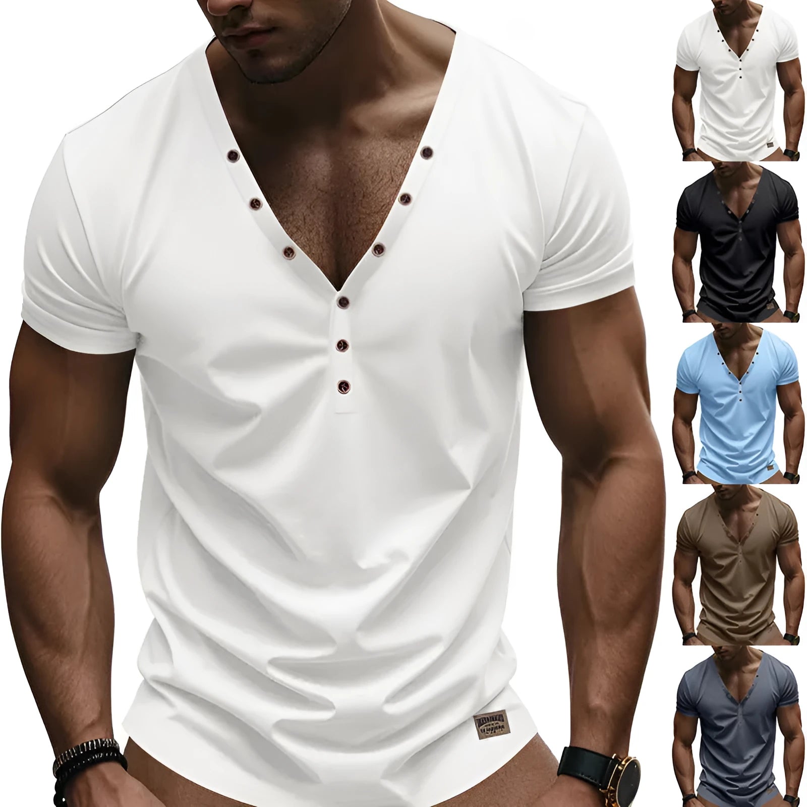 Men's loose fitting solid colour V-neck pullover top with button detail on the collar.