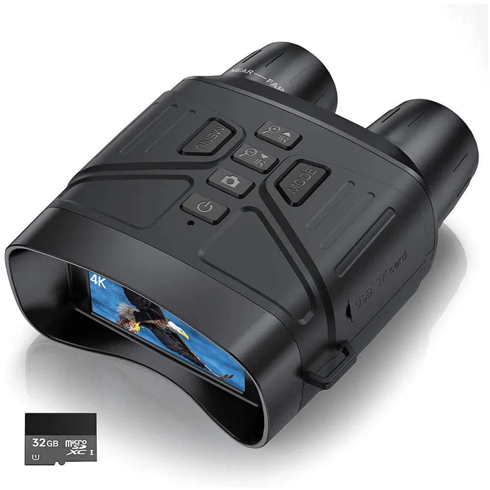 Black night vision instrument with display screen showing night-time imagery and control buttons