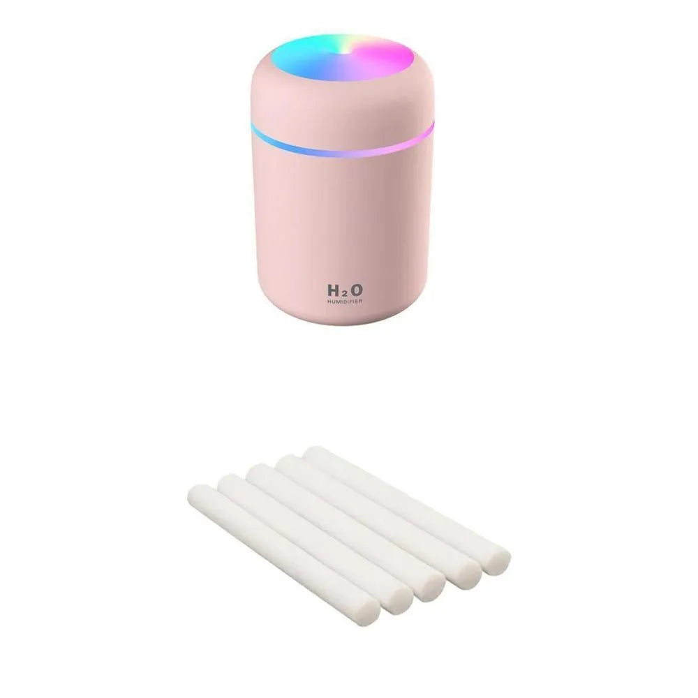 Pink, white or navy blue USB mini humidifier with 300ml tank and colourful lights on desk