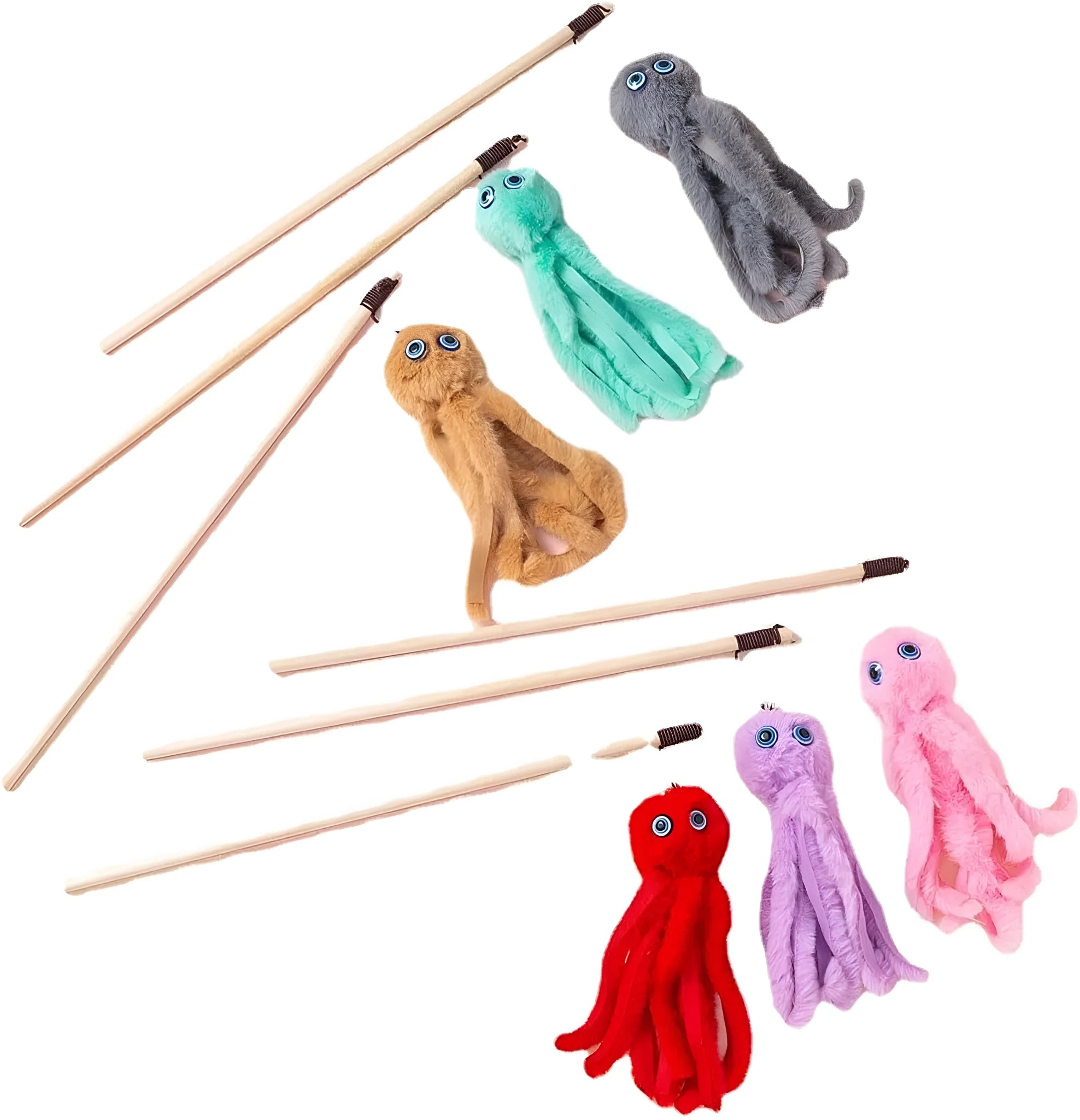Octopus cat toy with long stick in grey, pink, purple or red colours for indoor kittens