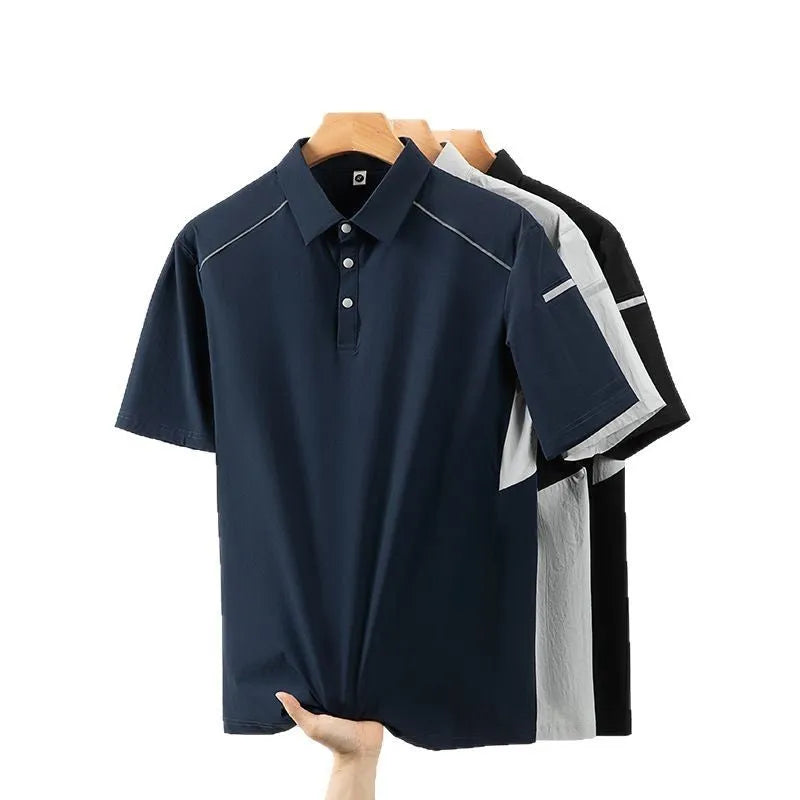 Men's solid colour short sleeve shirt with Ice Feeling quick-dry technology in black, navy, or grey.