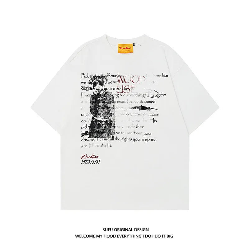 Men's black cotton hip hop style t-shirt with white printed letters and loose fit
