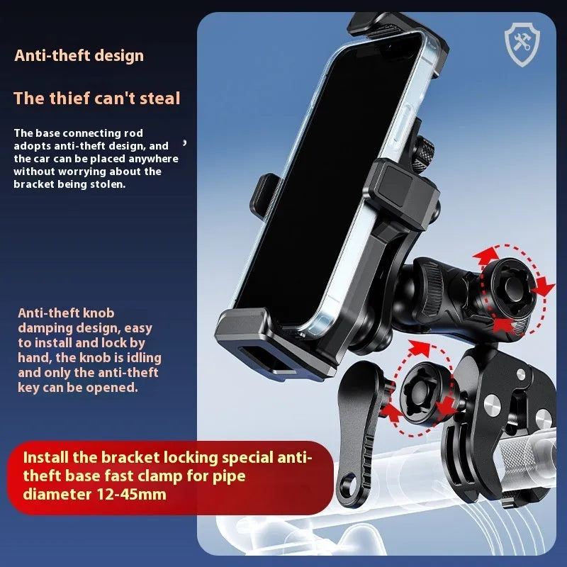 Motorcycle mobile phone bracket aluminium alloy shock absorption anti-theft black standard handlebar