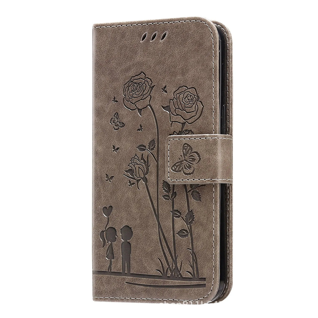 Samsung flip phone case in gray with card slots and kickstand, made from PU and TPU