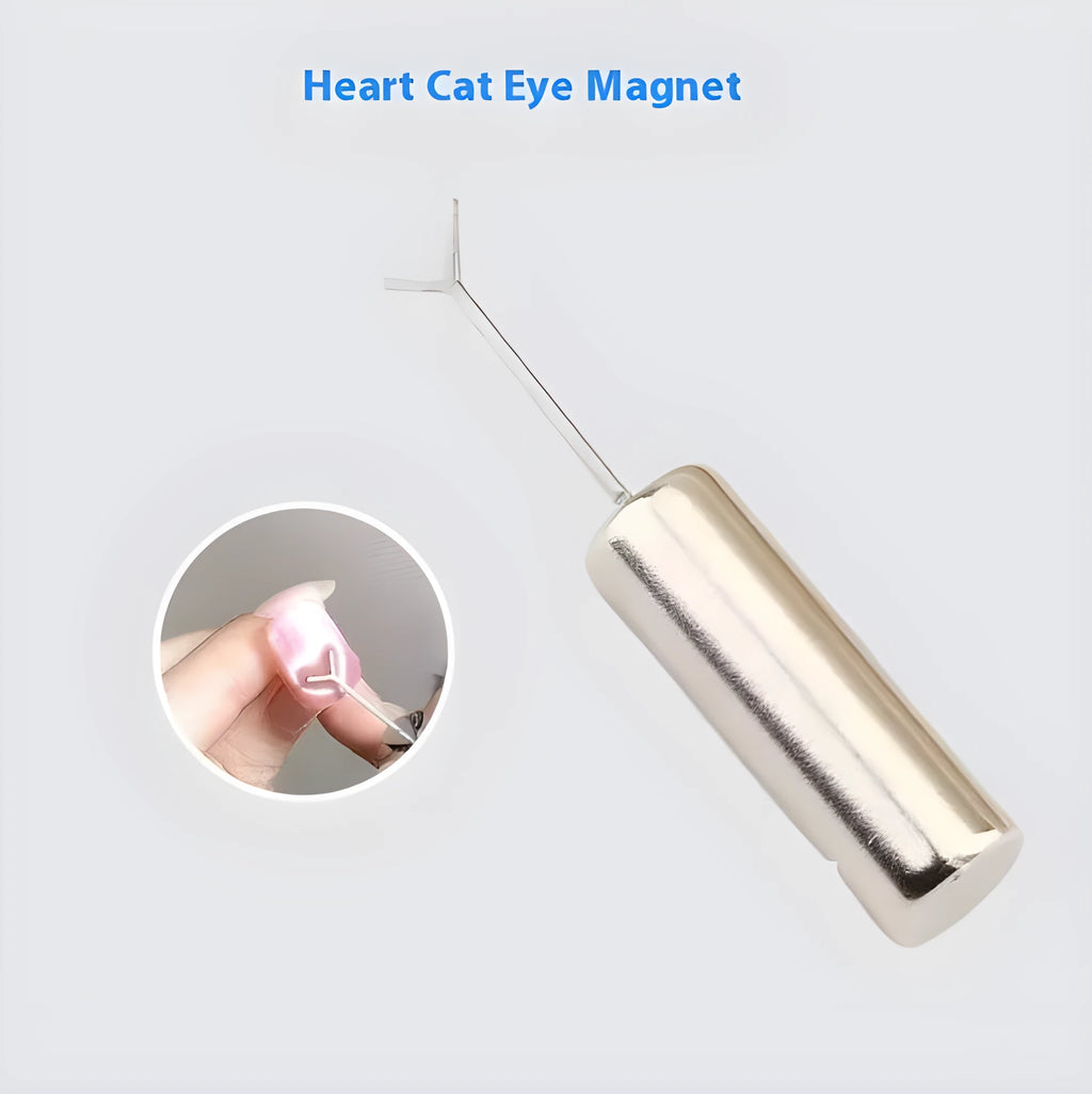 Cylindrical metal nail art magnet and Y-shaped bracket for cat eye gel polish designs.