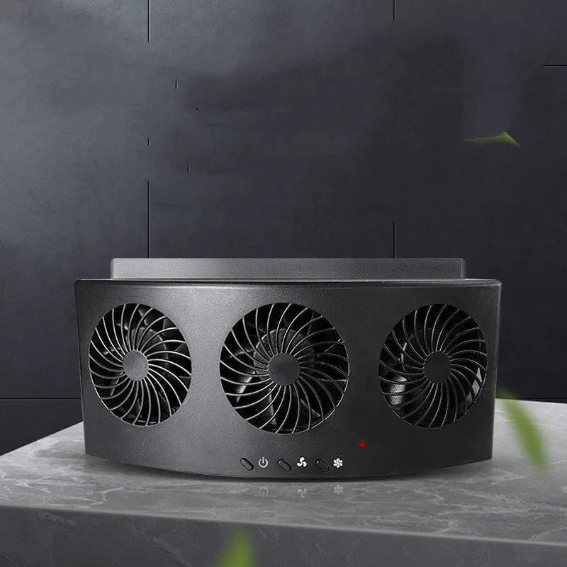 Black and white USB car ventilation fan for exhaust odour reduction measuring 23cm