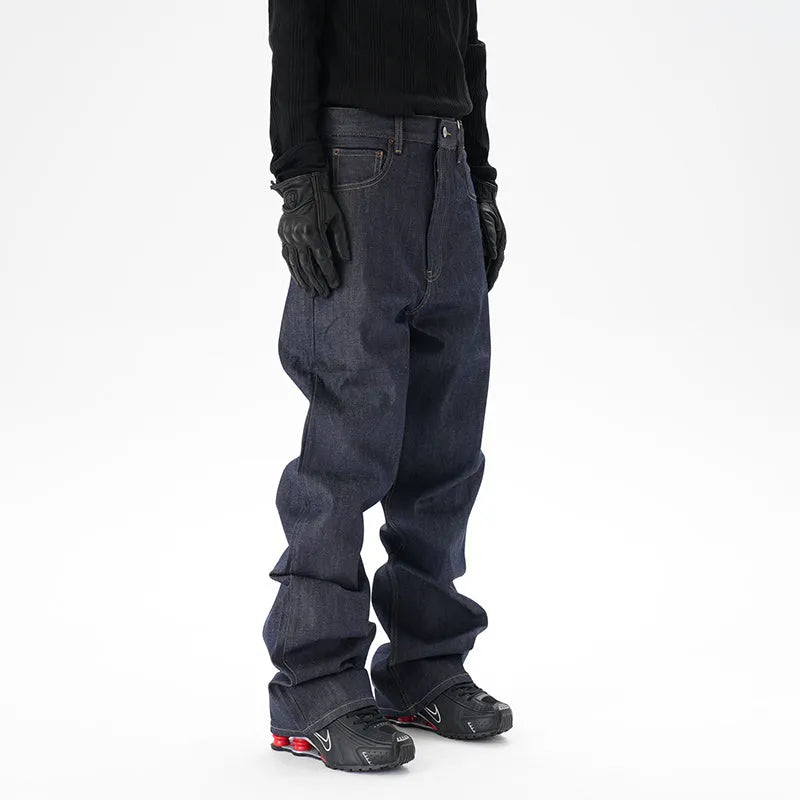 Men's dark blue loose straight leg jeans with original cattle wash on denim fabric