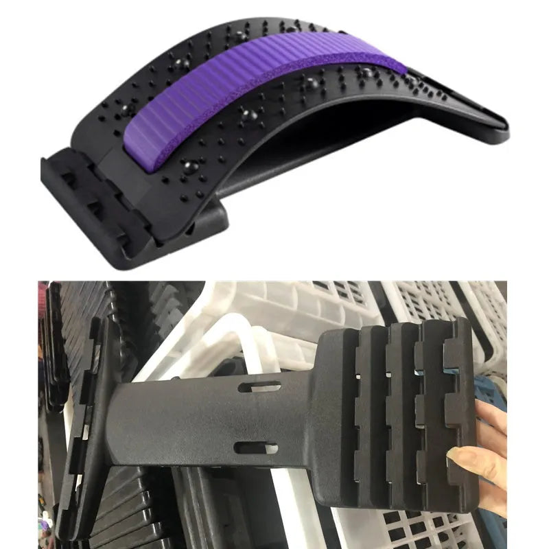 Adjustable back stretcher and waist massager with multiple massage heads in selectable colours.