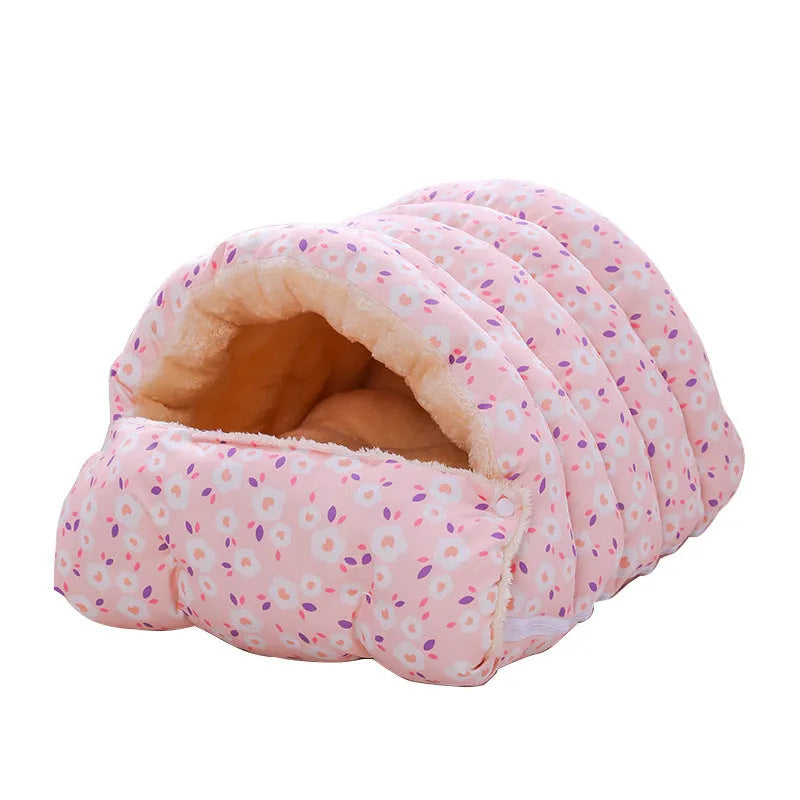 Closed winter cat nest with removable cloth cover in floral pattern