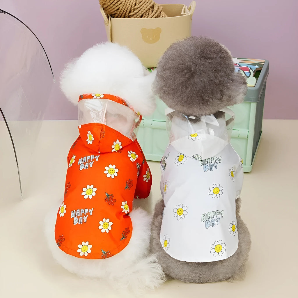 Two-feet style dog raincoat with back pull ring in orange small flower print