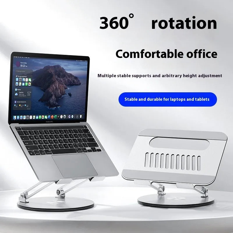 Silver aluminium alloy laptop stand in folded and extended positions showing rotation capability