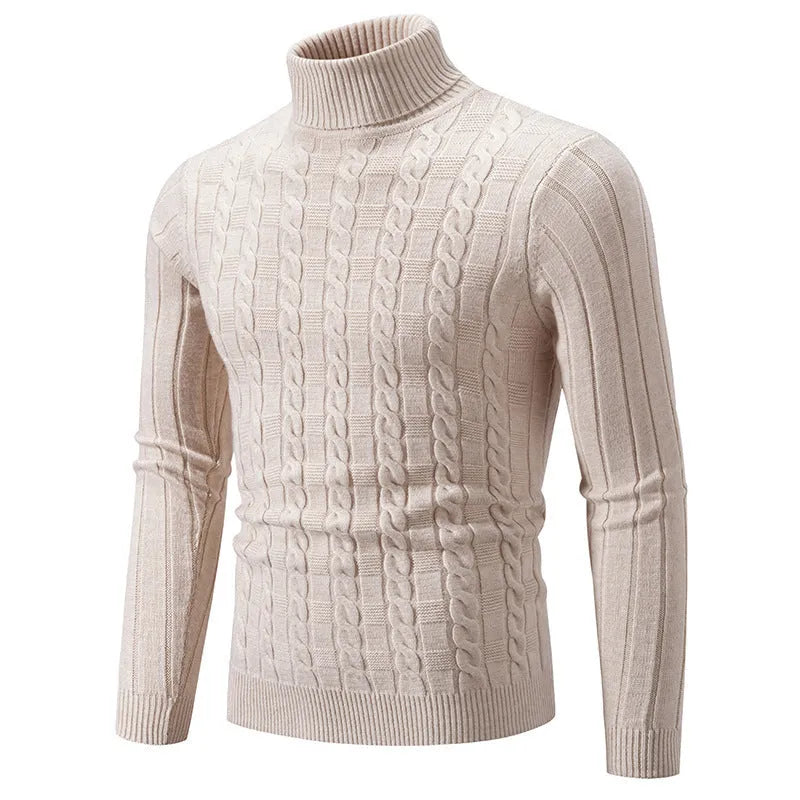 Man wearing a milky white slim fit chenille turtleneck pullover sweater.