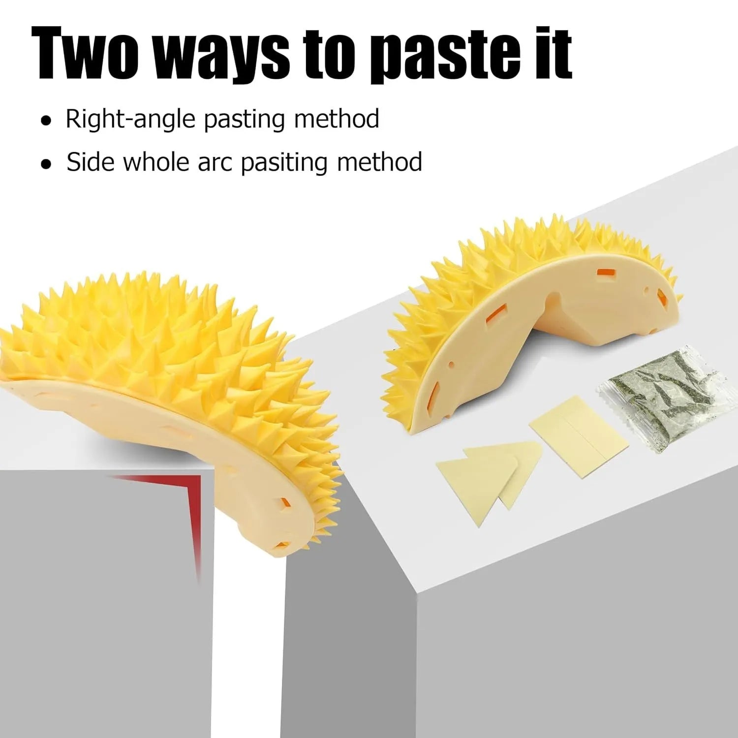 Yellow durian-shaped cat corner scratcher with comb surface mounted on wall corner