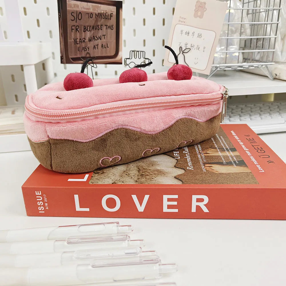 Cherry Cake plush design velvet pencil case in Korean style