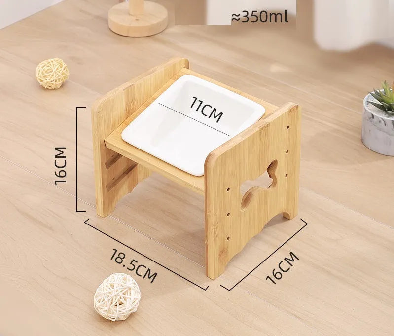Adjustable cat dog bowl with bamboo base and ceramic feeding bowl in white, 3-layer height settings