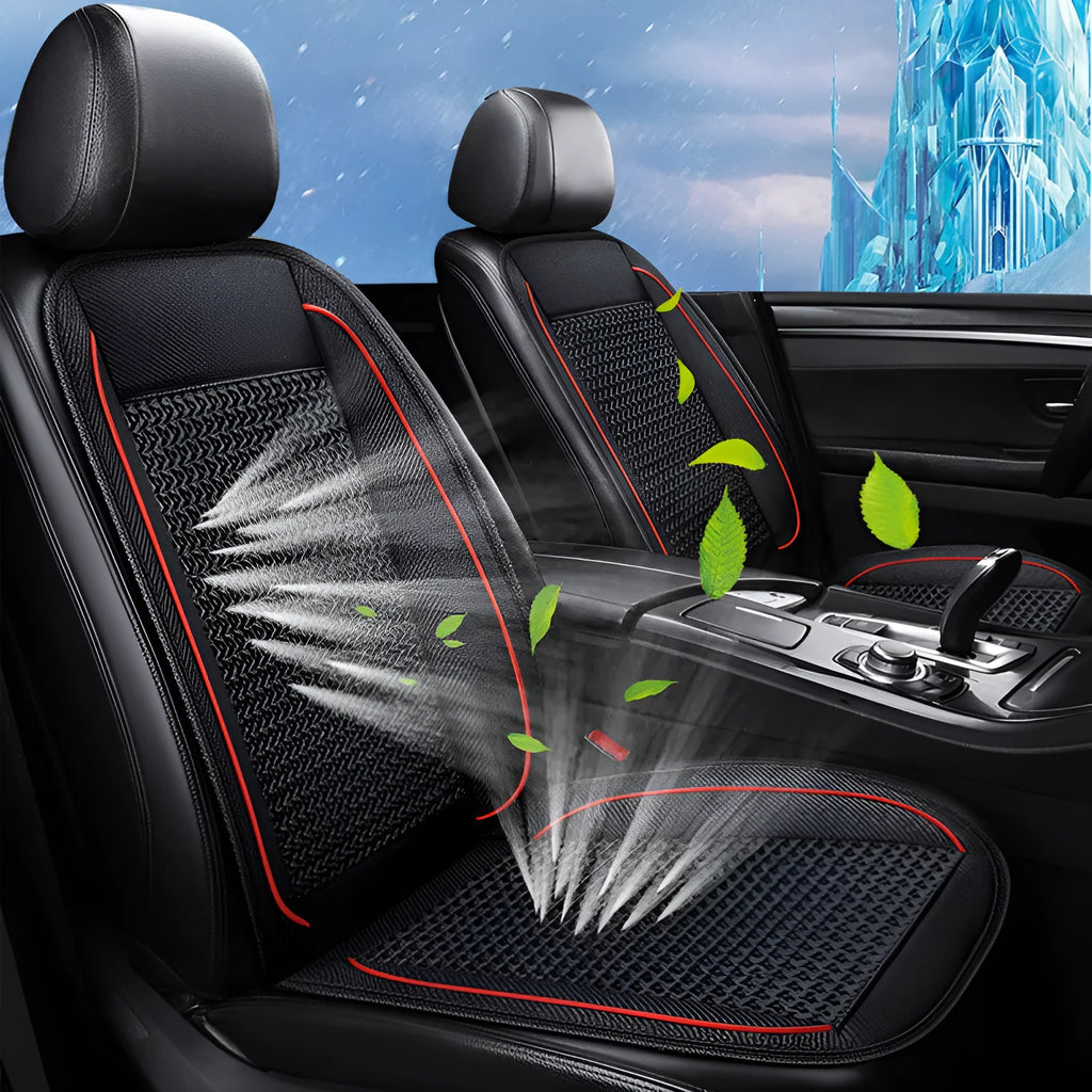 Black car ventilation seat cushion measuring 60x60cm with power cord