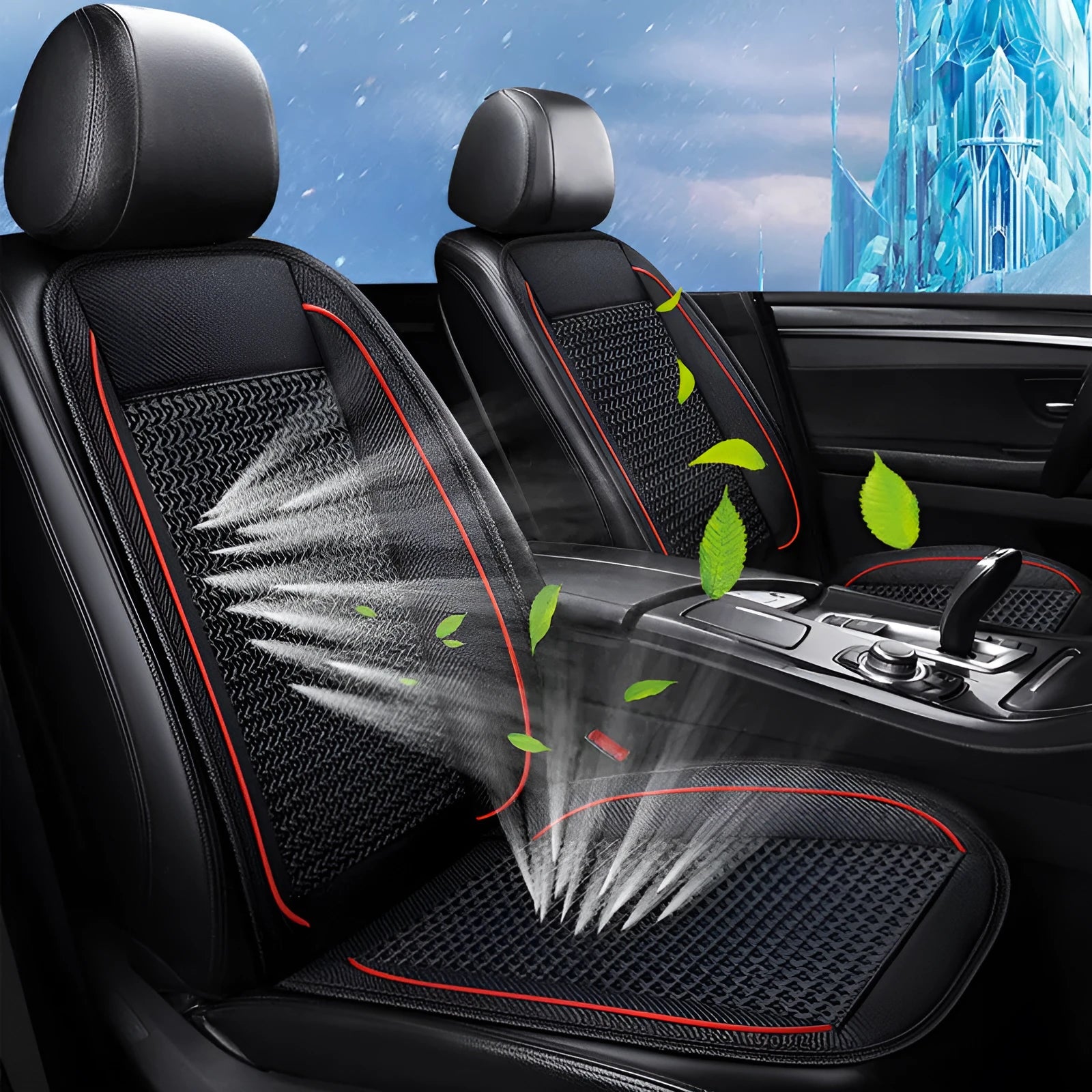 Black car ventilation seat cushion measuring 60x60cm with power cord