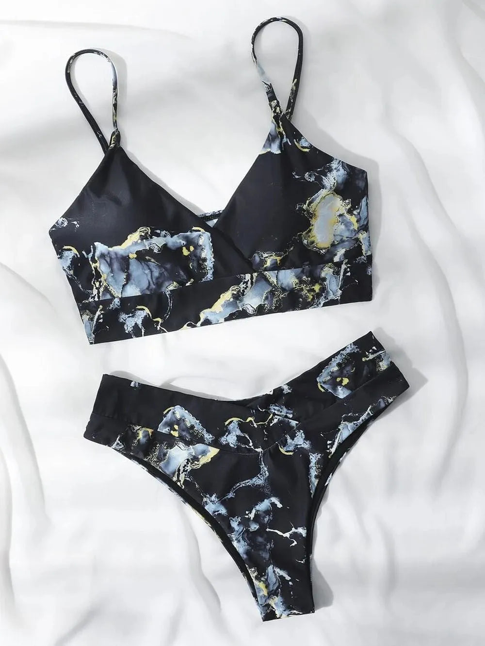 Women's marble tie-dye high-waisted bikini set with U-neck top for swimming sports