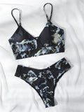 Women's marble tie-dye high-waisted bikini set with U-neck top for swimming sports