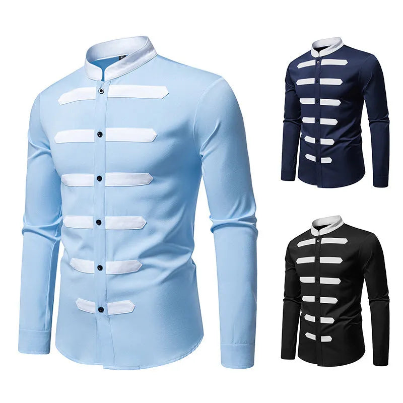 Men's black casual long sleeve shirt with black and white stitching on a slim-fit polyester cardigan