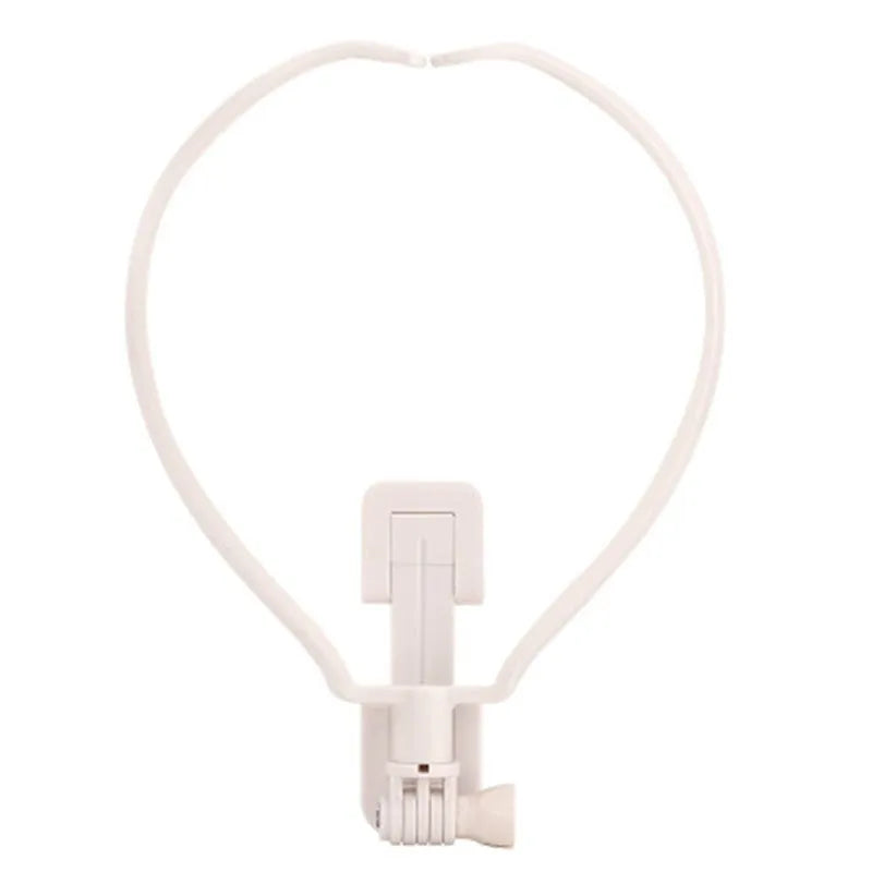 Black wearable neck phone holder with smartphone attached, showing 180-degree adjustment angle