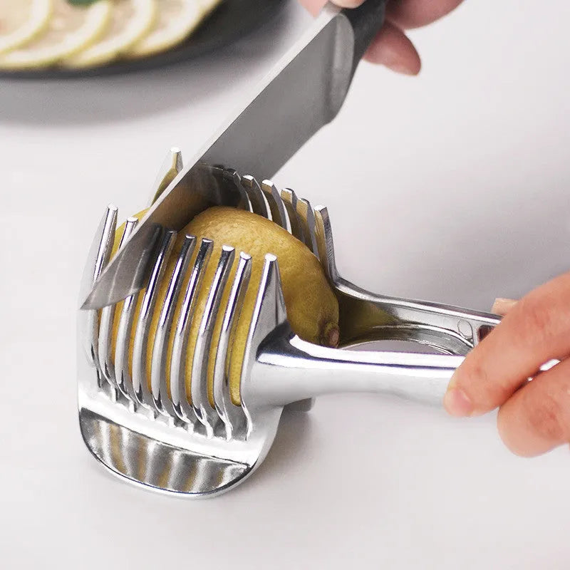 Silver plastic lemon slicer kitchen gadget for fruit and vegetable cutting