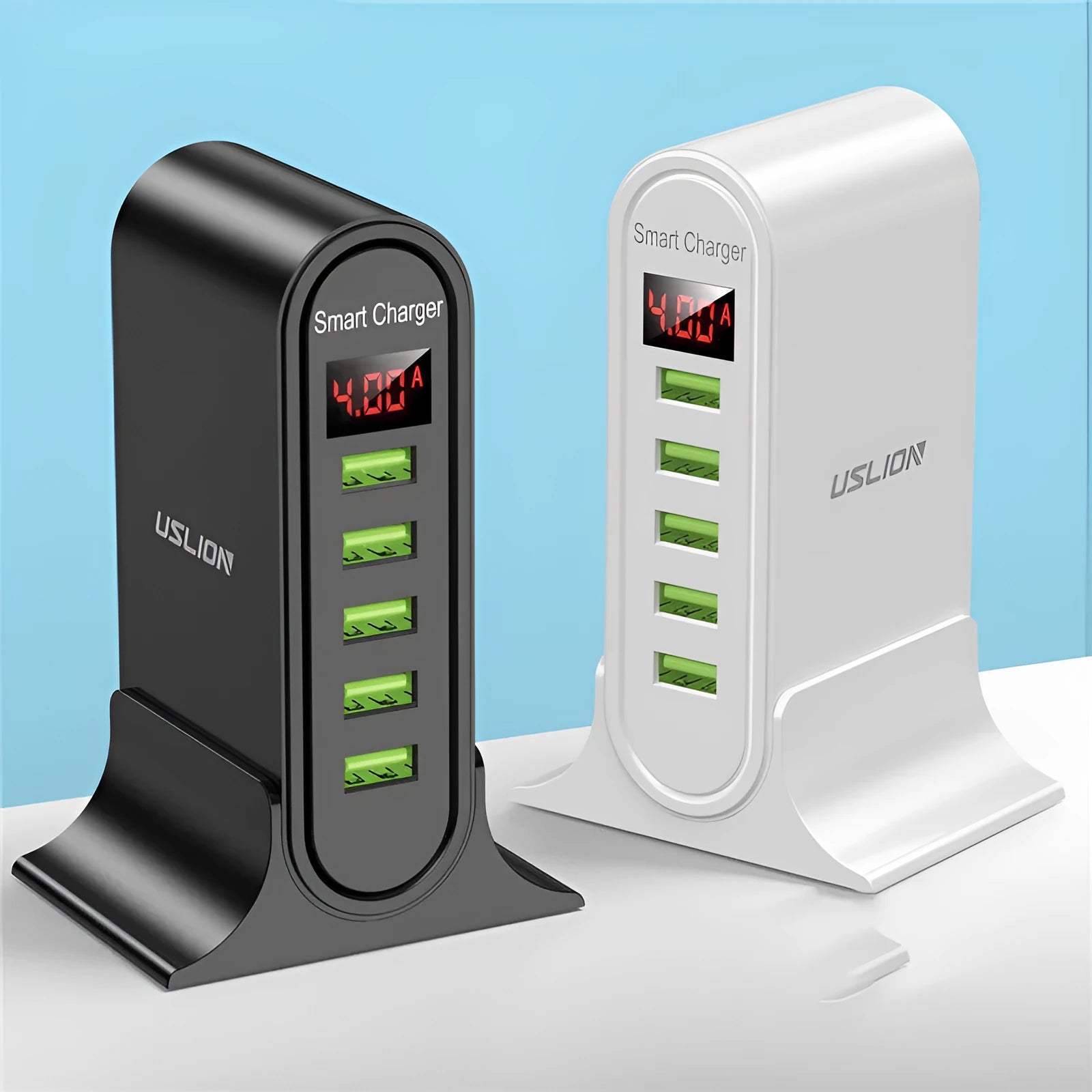 Smart LED Digital Display USB Charger in black or white with UK, EU, US plug options.