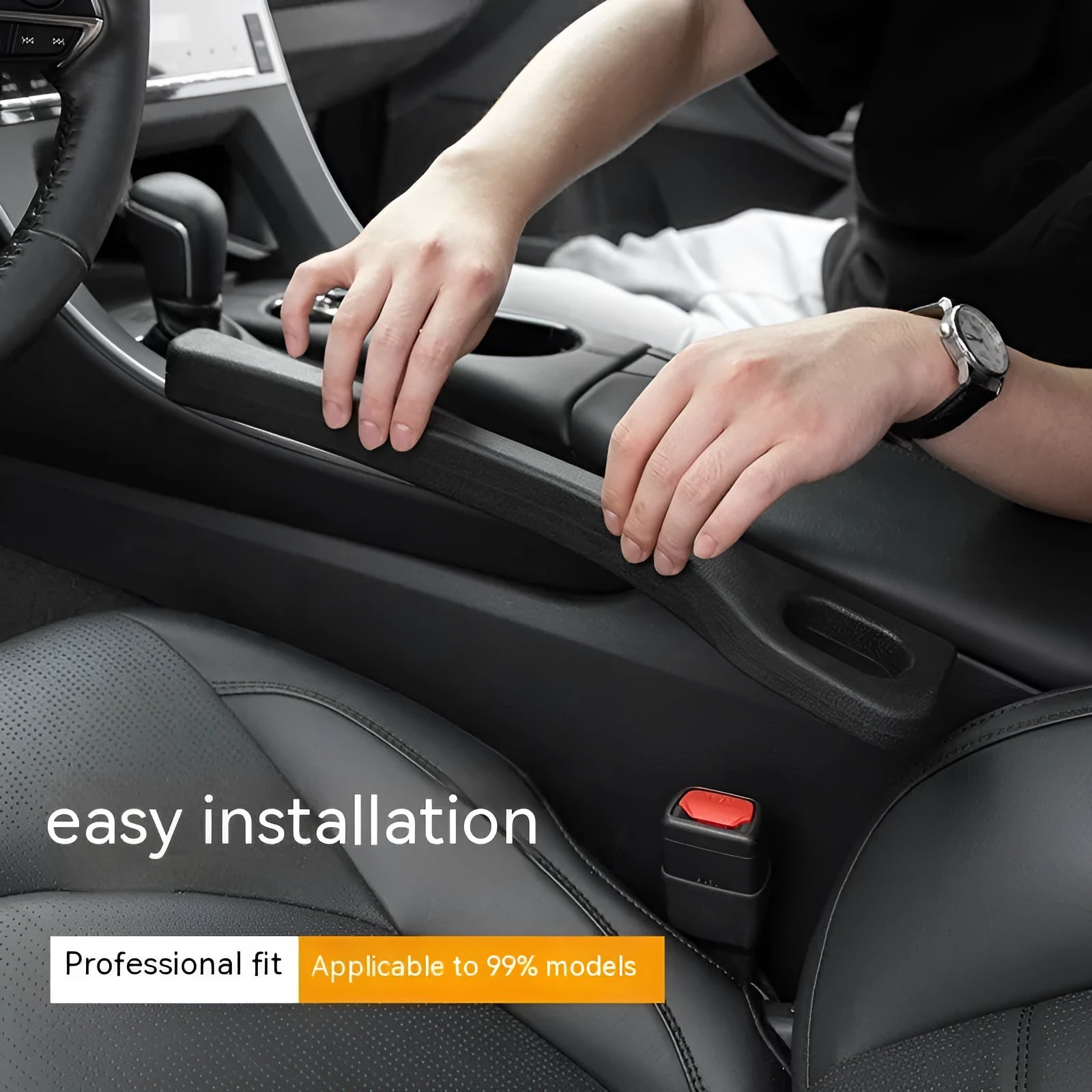 Car seat gap sealing strips in four colour options showing polyresin construction and integrated handle