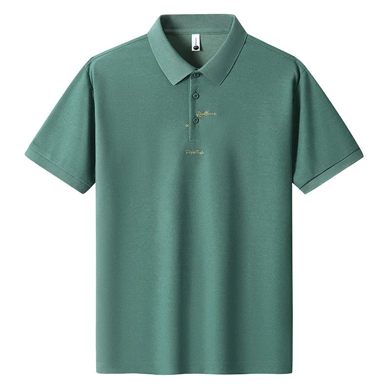 Men's loose-fitting casual cotton t-shirt in black, shown with a simple letter pattern on the chest.