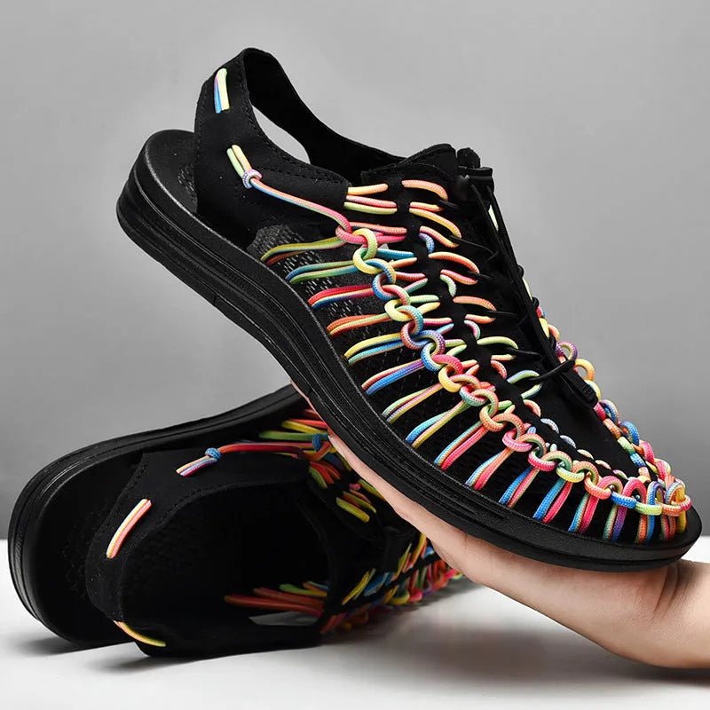 Woven Roman sandals with elastic drawstring tie in rainbow colour pattern