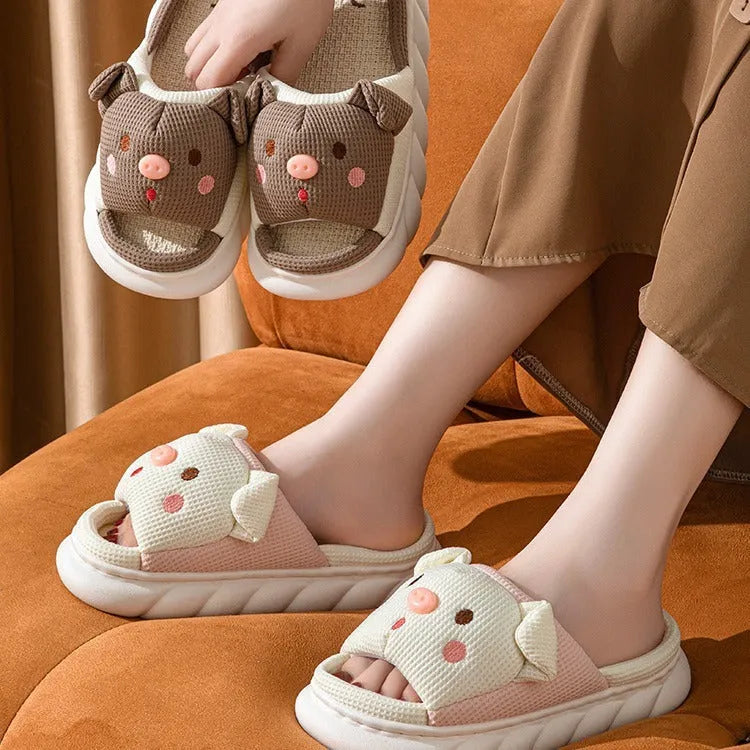 Piggy cute open-toe linen slippers for couples in white, pink, black, and brown colours.