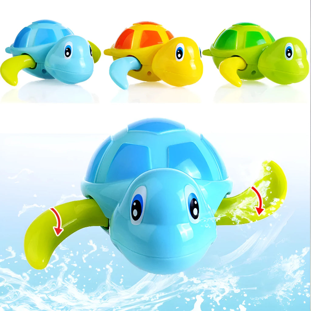 Plastic baby tortoise bath toy floating in water for bath time play