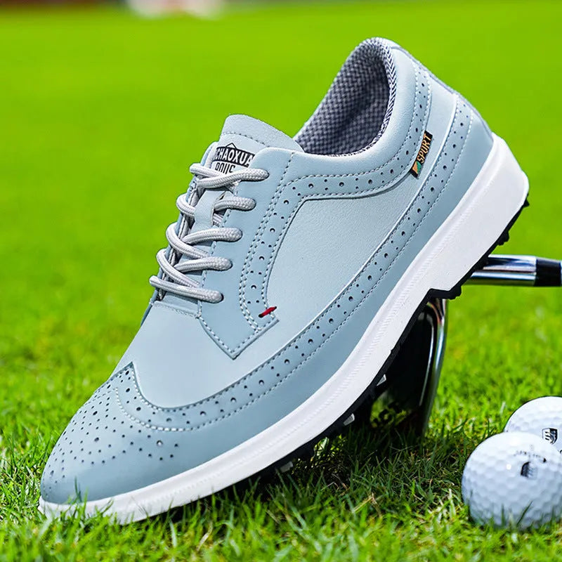 Men's genuine leather golf shoe with rubber sole in lake blue or white.