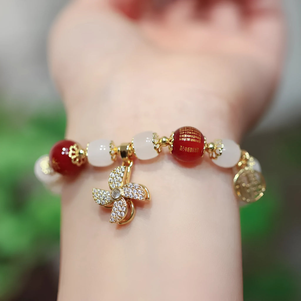 Chinese style glass bracelet with safety lock, windmill and bamboo charms for women
