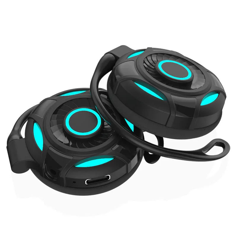 Black and white wireless Bluetooth gaming earphones with over-ear hanging design