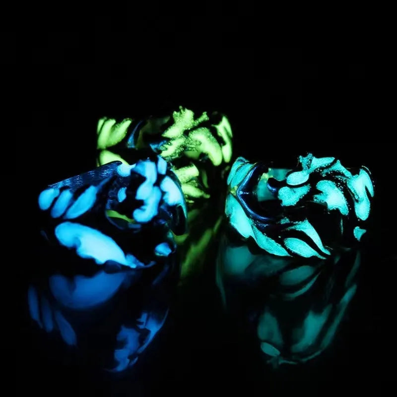 Adjustable Chinese dragon ring with luminous pattern in antique silver blue and green colour