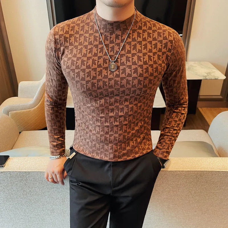 Men's half-high collar slim fit pullover T-shirt in black, white, brown, and gray colour options