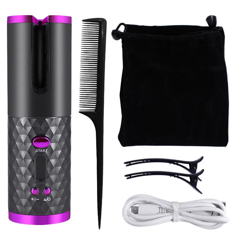 Rechargeable automatic hair curler in black with LCD display and rotating ceramic barrel