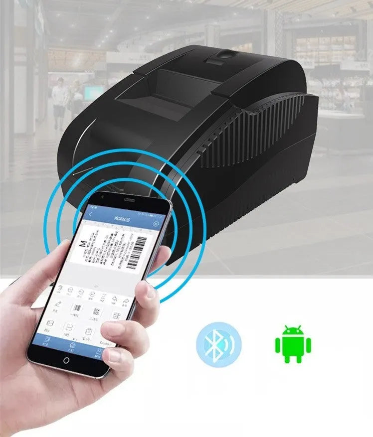 Bluetooth thermal receipt printer for takeaway orders, 58mm paper roll loaded, USB cable attached