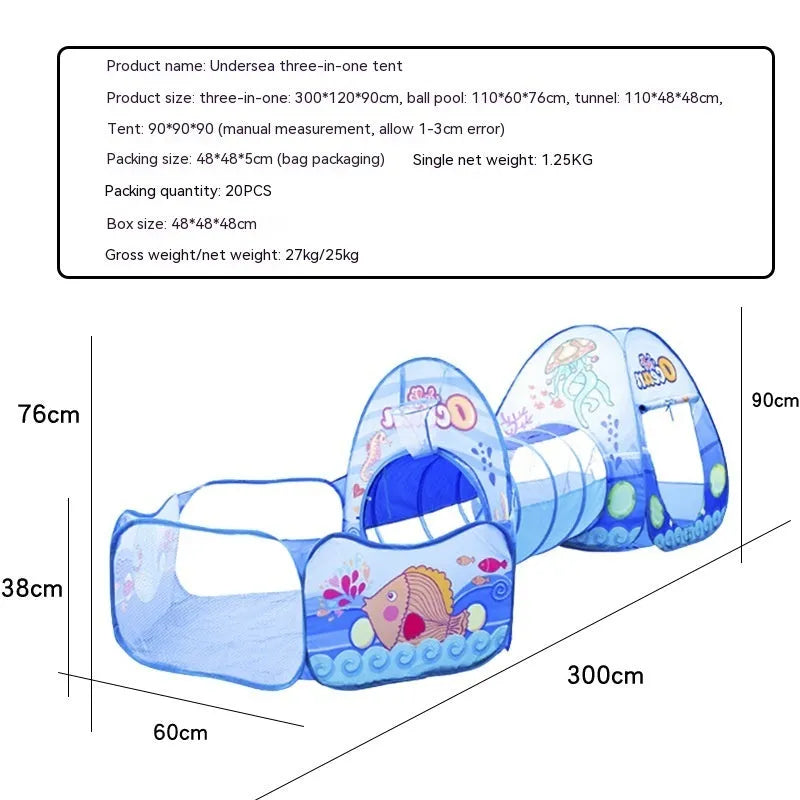 Underwater World themed children's cloth tent with connecting tunnel and ball pool play centre